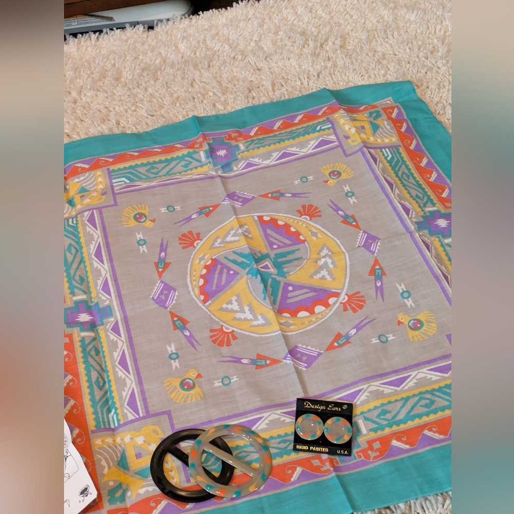 NWOT Vintage Wamcraft Bandana, Scarf Slide, Earrings, Western Southwestern Aztec